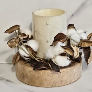 NWT - Elegant Beaded Cream Candle Holder w/ Small Cotton Wreath & Wood Riser Set